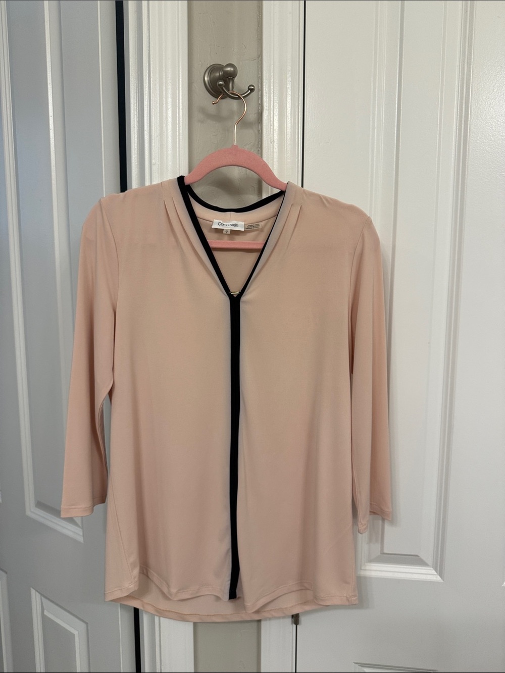 Calvin Klein Blush Pink Long-Sleeve V-Neck Blouse with Black Trim